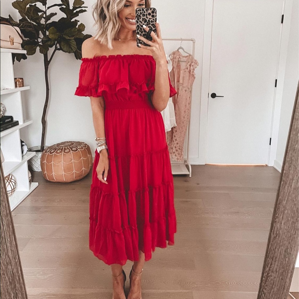 red dress boutique off the shoulder red midi dress